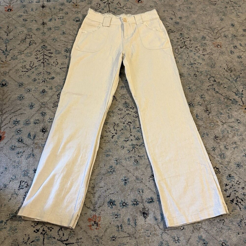 Heirloom Linen Pants Womens Medium Cream Lace Trim Wide Leg Flare Boho Y2K 29x30